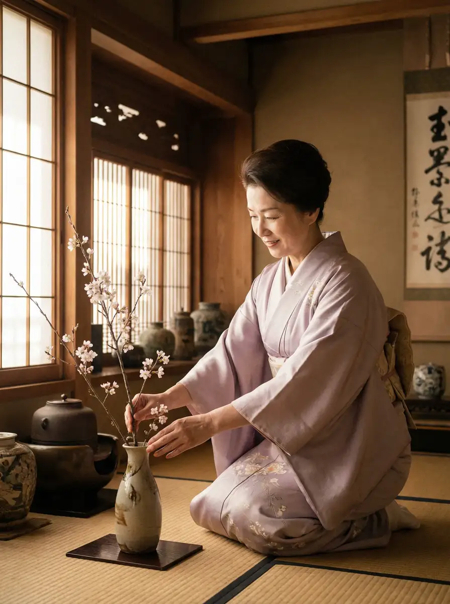 一位优雅的 飞龙平台 在和室中插花
